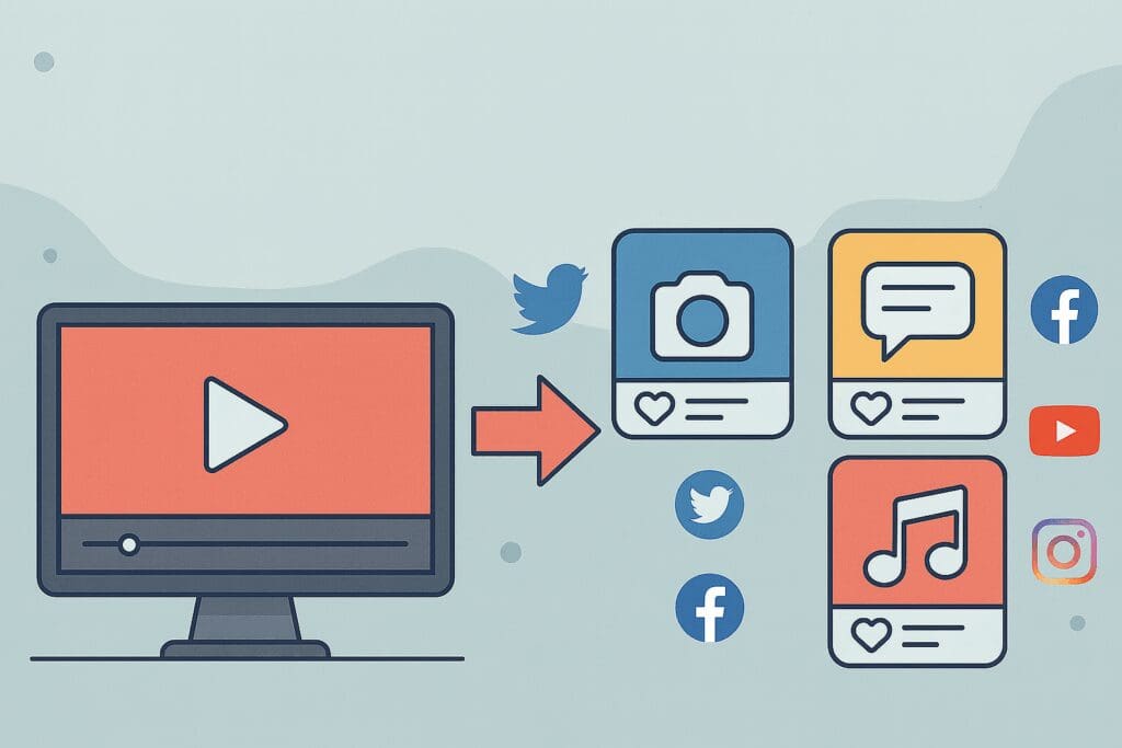 a graphic of a computer with a red screen and white arrow and then an arrow pointing to several other images representing social posts - such as X, Facebook, Instagram