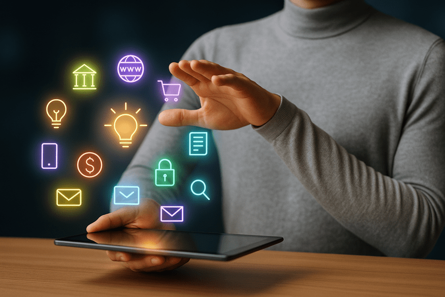 a man holding a tablet looking at several icons representing apps