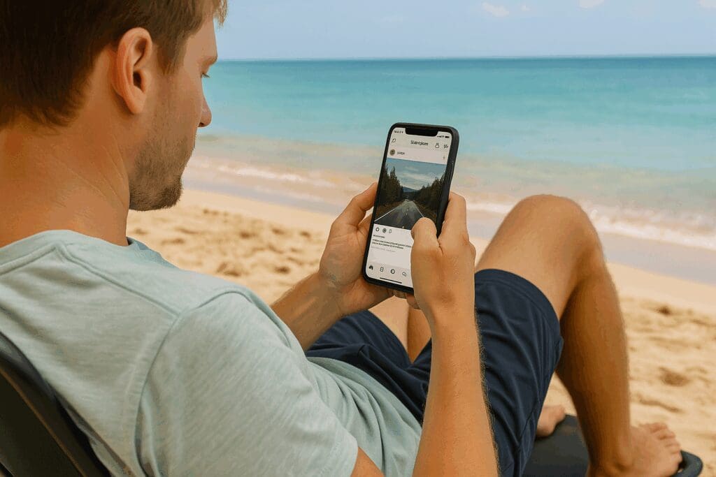 a man sitting at the beach looking at a phone